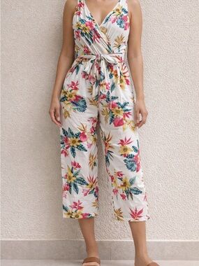 Cream Floral Wrap V-Neck Cropped Jumpsuit with Self-Tie Waist
